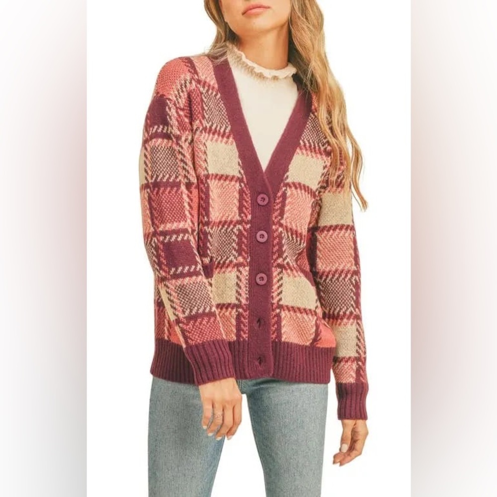 Lush V-Neck Oversized Plaid Sweater - Very Berry